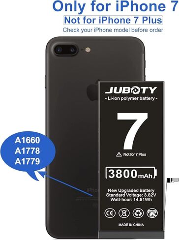 بطارية JUBOTY 3800 مللي أمبير في الساعة لهاتف iPhone 7، بطارية ليثيوم أيون داخلية جديدة ترقية 0 دورة عالية السعة لاستبدال iPhone 7 موديل A1660 A1778 A1779 مع مجموعة أدوات إصلاح احترافية in Kuwait