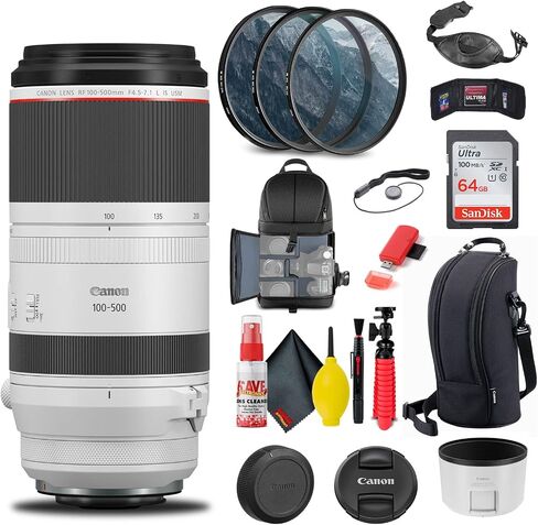 Canon RF 100-500mm f/4.5-7.1L is USM Lens (4112C002) + Filter Kit + Backpack + 64GB Card + Card Reader + Flex Tripod + Memory Wallet + Cap Keeper + Cleaning Kit + Hand Strap + More (Renewed) in Saudi Arabia