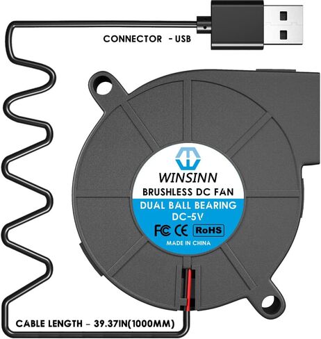 WINSINN 50mm 5015 Blower Fan 12V, 3D Printer 24 Volt Fans Blower Turbine Turbo Dual Ball Bearing, 1000mm/39in Cable Brushless Cooling 50mmx15mm 2PIN (Pack of 4Pcs) in Kuwait