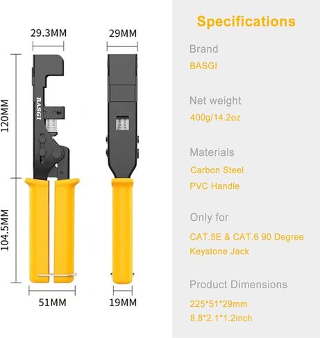 أداة إنهاء BASGI 90° RJ45 لمقبس حجر الزاوية RJ45، متوافقة مع مقابس Cat5/Cat6، 10 بيضاء Cat6 Keystone in Kuwait
