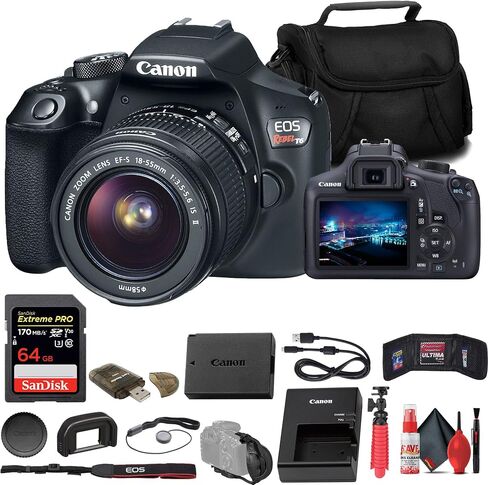 Canon EOS Rebel T6 DSLR Camera with 18-55mm Lens (1159C003) + 64GB Memory Card + Card Reader + Case + Flex Tripod + Hand Strap + Memory Wallet + Cap Keeper + Cleaning Kit (Renewed) in Saudi Arabia