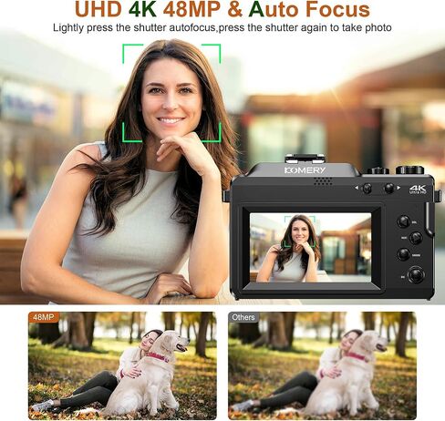 كاميرا رقمية KOMERY 4K للتصوير الفوتوغرافي، وكاميرا تسجيل فيديو بدقة 48 ميجابكسل لليوتيوب، وكاميرا متعددة الترشيح والتقاط الصور، وكاميرا سفر WiFi مع تركيز تلقائي، وتكبير 18X، وبطاقات TF 64 جيجا، وبطاريتين للمبتدئين - أسود in Kuwait