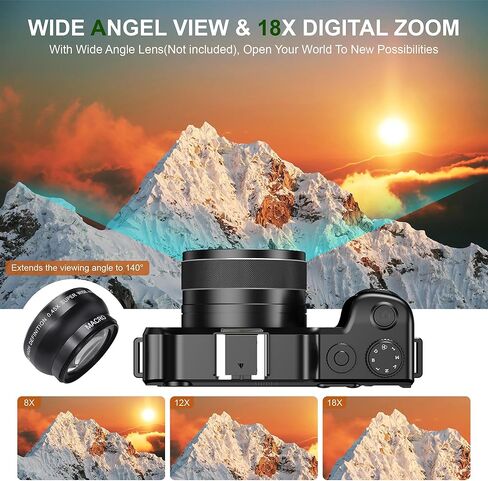 كاميرا رقمية KOMERY 4K للتصوير الفوتوغرافي، وكاميرا تسجيل فيديو بدقة 48 ميجابكسل لليوتيوب، وكاميرا متعددة الترشيح والتقاط الصور، وكاميرا سفر WiFi مع تركيز تلقائي، وتكبير 18X، وبطاقات TF 64 جيجا، وبطاريتين للمبتدئين - أسود in Kuwait