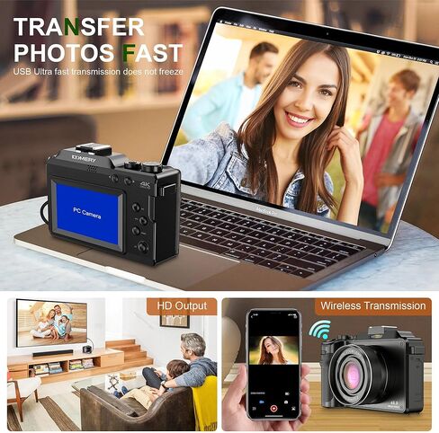 كاميرا رقمية KOMERY 4K للتصوير الفوتوغرافي، وكاميرا تسجيل فيديو بدقة 48 ميجابكسل لليوتيوب، وكاميرا متعددة الترشيح والتقاط الصور، وكاميرا سفر WiFi مع تركيز تلقائي، وتكبير 18X، وبطاقات TF 64 جيجا، وبطاريتين للمبتدئين - أسود in Kuwait