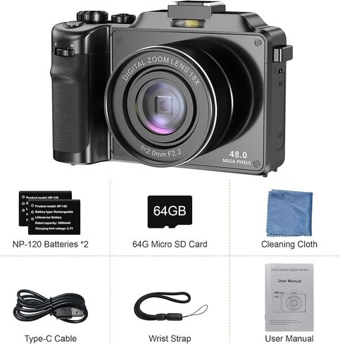 كاميرا رقمية KOMERY 4K للتصوير الفوتوغرافي، وكاميرا تسجيل فيديو بدقة 48 ميجابكسل لليوتيوب، وكاميرا متعددة الترشيح والتقاط الصور، وكاميرا سفر WiFi مع تركيز تلقائي، وتكبير 18X، وبطاقات TF 64 جيجا، وبطاريتين للمبتدئين - أسود in Kuwait