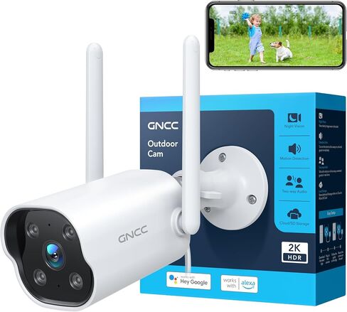 GNCC Outdoor Camera, 2K Cameras for Home Security Outside, Home Security Cameras, Motion Detection, Night Vision, 24/7 Recording, 2 Way Audio, Waterproof, Cloud & Local, Plug-in, APP Control in Kuwait