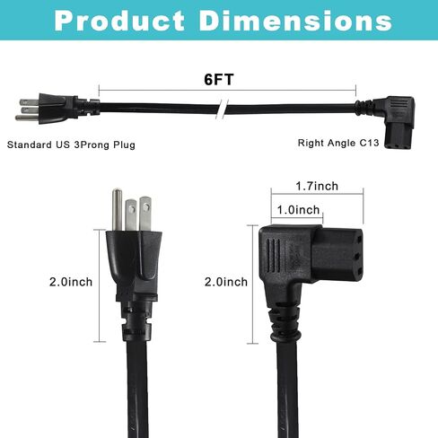 1FT Right Angle Computer Power Cord - NEMA 5-15 Plug to IEC C13 Power Cord,Universal PC Power Supply Cord, 16AWG, Black C13 3 Prong Angled AC Cord for PC Monitor/TV in Kuwait