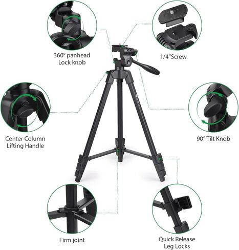 حامل ثلاثي للهاتف HPUSN مقاس 55 بوصة قابل للتمديد وخفيف الوزن من الألومنيوم حامل ثلاثي القوائم للهاتف الخلوي، جهاز تحكم عن بعد لاسلكي، حامل ثلاثي محمول للسفر للتصوير الفوتوغرافي وتسجيل الفيديو ومدونات الفيديو in Kuwait