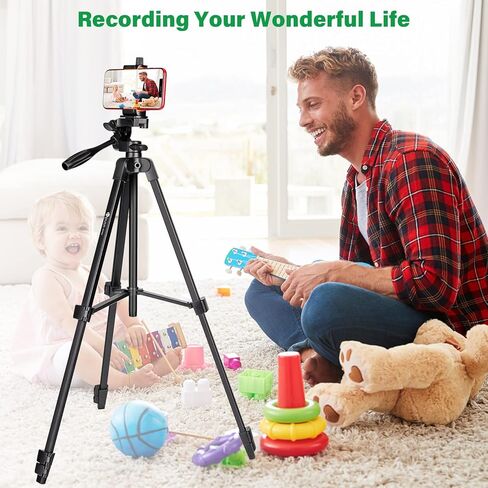 حامل ثلاثي للهاتف HPUSN مقاس 55 بوصة قابل للتمديد وخفيف الوزن من الألومنيوم حامل ثلاثي القوائم للهاتف الخلوي، جهاز تحكم عن بعد لاسلكي، حامل ثلاثي محمول للسفر للتصوير الفوتوغرافي وتسجيل الفيديو ومدونات الفيديو in Kuwait