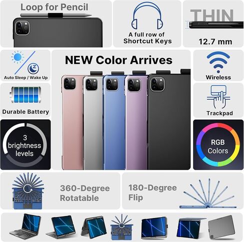 حافظة لوحة مفاتيح edaiser iPad Air الجيل الخامس 4th 10.9 بوصة وiPad Pro 11 4th 3rd 2nd Gen 2022 غطاء لوحة مفاتيح دوارة Smart Touch Folio مع لوحة تتبع بلوتوث حامل قلم رصاص بإضاءة خلفية، رمادي معدني in Kuwait