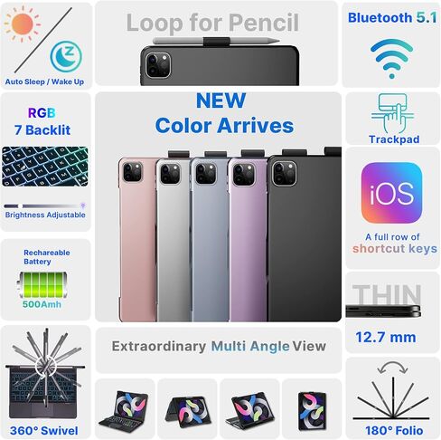 حافظة لوحة مفاتيح edaiser iPad Air الجيل الخامس 4th 10.9 بوصة وiPad Pro 11 4th 3rd 2nd Gen 2022 غطاء لوحة مفاتيح دوارة Smart Touch Folio مع لوحة تتبع بلوتوث حامل قلم رصاص بإضاءة خلفية، رمادي معدني in Kuwait