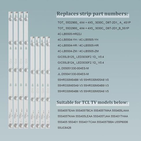 شرائط اضاءة خلفية LED (8 قطع) لـ TCL TOT_55D2900 55D2900 A/B JL.D55051330-004ES-M 55S401 55S403 55S405T 55S405LAAA 4C-LB5504-YH 4C-LB5504-YH 4C-LB5500 5-YH 5 5S401LDAA 55S401TAAA 55S403TFAA 55S405TBBA in Kuwait