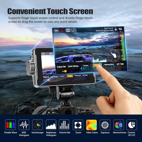 VILTROX DC-550 Pro Touch Screen DSLR Camera Field Monitor 4K HDMI, 5.5 Inch 1200 Nits Video Camera Monitor with Battery/Sunshade Hood, 3DLUT, Focus Peaking, Waveform, False Colors in Saudi Arabia