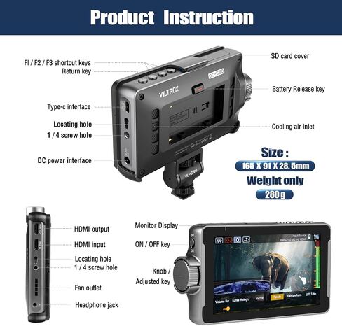 VILTROX DC-550 Pro Touch Screen DSLR Camera Field Monitor 4K HDMI, 5.5 Inch 1200 Nits Video Camera Monitor with Battery/Sunshade Hood, 3DLUT, Focus Peaking, Waveform, False Colors in Saudi Arabia