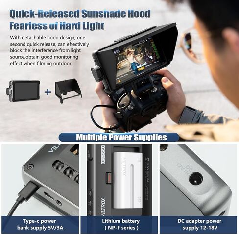VILTROX DC-550 Pro Touch Screen DSLR Camera Field Monitor 4K HDMI, 5.5 Inch 1200 Nits Video Camera Monitor with Battery/Sunshade Hood, 3DLUT, Focus Peaking, Waveform, False Colors in Saudi Arabia