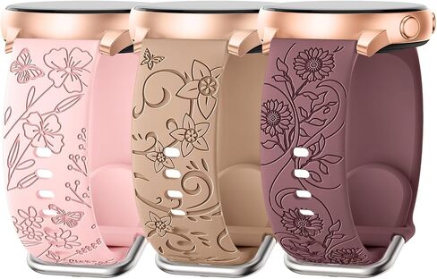 SuperNaNa Floral Design 3 Pack Samsung Galaxy Watch Bands for Women, Elegant Butterfly and Wildflower Engravings, 20mm Width, Quick Release, Soft Silicone in Kuwait