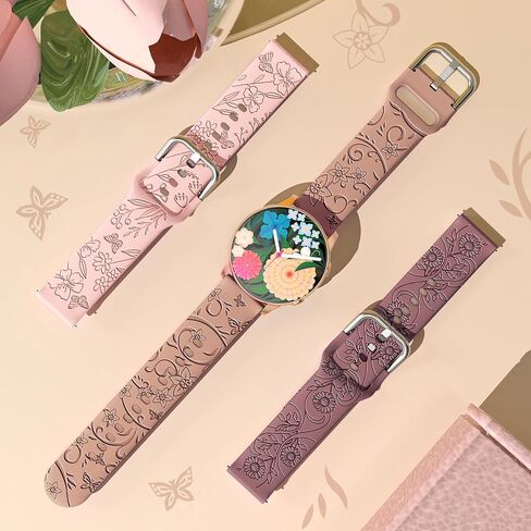 SuperNaNa Floral Design 3 Pack Samsung Galaxy Watch Bands for Women, Elegant Butterfly and Wildflower Engravings, 20mm Width, Quick Release, Soft Silicone in Kuwait