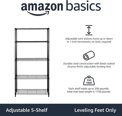 Amazon Basics 5 أرفف قابلة للتعديل، وحدة أرفف تخزين شديدة التحمل (سعة تحميل 350 رطلاً لكل رف)، رف سلكي منظم من الفولاذ، أسود، 36 بوصة طول × 14 بوصة عرض × 72 بوصة ارتفاع in Kuwait