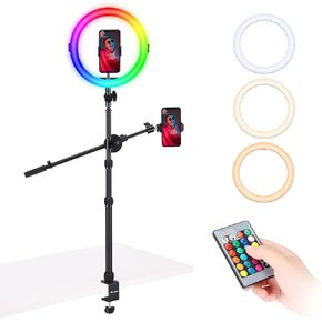 ULANZI Overhead 11 "RGB Selfie Ring Light مع حامل C-Clamp وحامل الهاتف، طقم حامل إضاءة سطح المكتب قابل للتمديد مع ذراع علوي، ضوء خافت لتسجيل الفيديو، والبث المباشر، والصور والمكياج in Kuwait