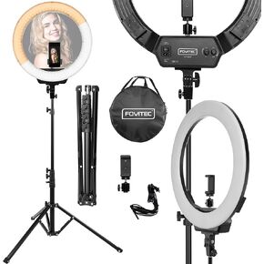 طقم إضاءة حلقية LED ثنائية اللون قابلة للتعتيم مقاس 19 بوصة من Fovitec مع ميكروفون Lavalier لمدونات الفيديو، ودروس التجميل، والبودكاست، والبث المباشر in Kuwait