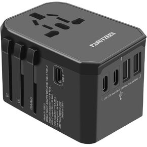 Universal Travel Adapter International Plug Adapters with 3 USB-C & 2 USB-A Charger Power Ports All-in-one with Type A C G I for European UK AUS US Worldwide Travel (Black, Not Voltage Converter)