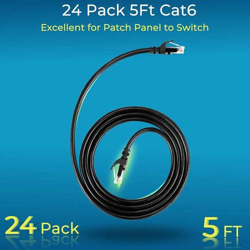 Rapink Patch Cables Cat6 10ft (24 Pack), Ethernet Patch Cable 10G, Cat 6 Patch Cable for Patch Panel to Switch, Flexiable Cat 6 Ethernet Cable with Gold Plated Black in Saudi Arabia