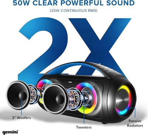 Gemini Sound GGO-230L 50W مكبر صوت بلوتوث Boombox: مكبر صوت لاسلكي محمول IPX5 مقاوم للماء مع راديو FM وإضاءة LED للحفلات وبنك الطاقة وبطارية قابلة للشحن طويلة الأمد in Saudi Arabia