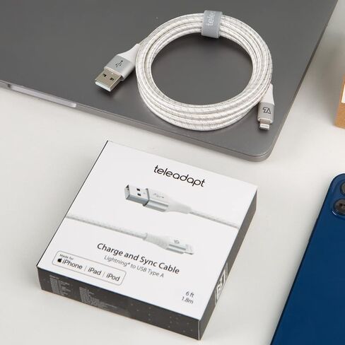 كابل Teleadapt Lightning إلى USB، كابل مرن لنقل البيانات ومزامنة البيانات [معتمد من MFi] بطول 6 أقدام 2.4 أمبير/ 480 ميجابت في الثانية متوافق مع iPhone 13 Mini Pro Max SE 11 Xs Max XR X 8 7 6 Plus 5S in Kuwait
