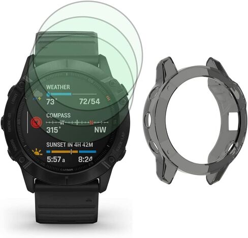 SHUAXI Watch Screen Protector (3+1Pack) Compatible for Garmin Fenix 6 pro/Fenix 6,Tempered Glass Film Anti-Scratch High Definition Full Coverage and Soft TPU Protective Case in Saudi Arabia