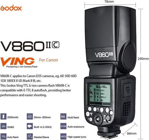 GODOX V860II-C Camera Flash Speedlite for Canon Camera 2.4G Wireless E-TTL 1/8000s High-Speed Sync GN60 Speedlight Photography in Saudi Arabia