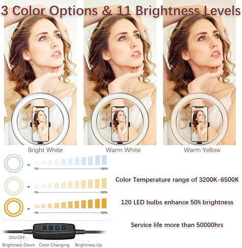 Ring Light OEBLD Dimmable with 3 Light Modes & 10 Brightness Level 360° Rotae LED Ring Fill Lights for Phone Live Stream Makeup YouTube Video Shooting (B(only 10'' Ring Light)) in Kuwait
