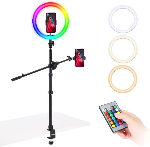 ULANZI Overhead 11 "RGB Selfie Ring Light مع حامل C-Clamp وحامل الهاتف، طقم حامل إضاءة سطح المكتب قابل للتمديد مع ذراع علوي، ضوء خافت لتسجيل الفيديو، والبث المباشر، والصور والمكياج in Kuwait