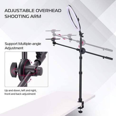 ULANZI Overhead 11 "RGB Selfie Ring Light مع حامل C-Clamp وحامل الهاتف، طقم حامل إضاءة سطح المكتب قابل للتمديد مع ذراع علوي، ضوء خافت لتسجيل الفيديو، والبث المباشر، والصور والمكياج in Kuwait