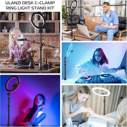 ULANZI Overhead 11 "RGB Selfie Ring Light مع حامل C-Clamp وحامل الهاتف، طقم حامل إضاءة سطح المكتب قابل للتمديد مع ذراع علوي، ضوء خافت لتسجيل الفيديو، والبث المباشر، والصور والمكياج in Kuwait