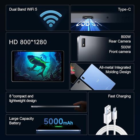 تابلت FILY F8 Android12، تابلت 8 بوصة، تخزين 4 جيجابايت + 128 جيجابايت، معالج رباعي النواة، 2.0 جيجا هرتز، غطاء معدني كامل، بلوتوث 5.2، كاميرا مزدوجة 5 + 8 ميجابكسل، واي فاي 5 جيجا/2.4 جيجا، شاشة لمس عالية الدقة، USB- C الشحن السريع (أزرق) in Saudi Arabia