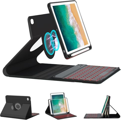 حافظة لوحة مفاتيح BOBOLEE لجهاز iPad الجيل السادس 9.7 بوصة الجيل الخامس، لوحات مفاتيح لجهاز iPad Air 2/Air 1، غطاء نحيف قابل للطي بإضاءة خلفية 360 درجة قابل للفصل مع حامل قلم، أسود in Kuwait
