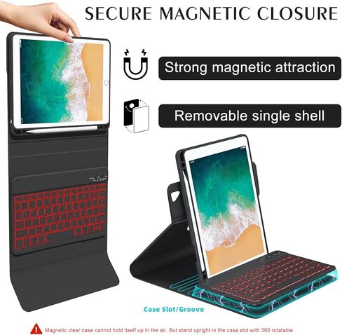 حافظة لوحة مفاتيح BOBOLEE لجهاز iPad الجيل السادس 9.7 بوصة الجيل الخامس، لوحات مفاتيح لجهاز iPad Air 2/Air 1، غطاء نحيف قابل للطي بإضاءة خلفية 360 درجة قابل للفصل مع حامل قلم، أسود in Kuwait