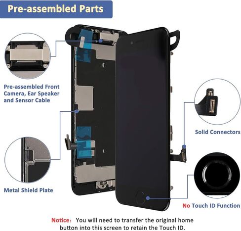 Yodoit لشاشات iPhone 8 سوداء اللون مع زر الصفحة الرئيسية والكاميرا الأمامية ومكبر صوت الأذن وشاشة LCD كاملة مجموعة أدوات إصلاح وأدوات إصلاح رقمية وشاشة LCD للحماية (موديل: A1863 وA1905 وA1906) in Kuwait