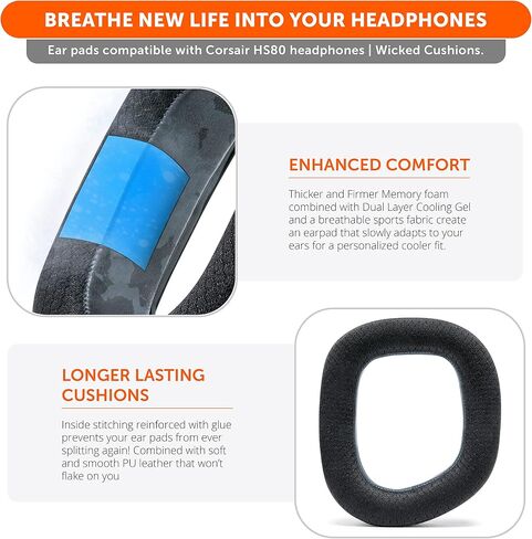 WC Freeze HS80 - Cooling Gel Earpads for Corsair HS80 RGB Wireless & Wired | Made by Wicked Cushions | Also fits HS80 Max. Elevate Comfort, Thickness & Sound Isolation | Black in Kuwait