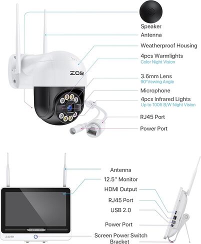 ZOSI 4K PoE Security Camera System with Person Vehicle Detection,8 Ports 16CH 8MP NVR with 2TB HDD,8pcs 4K Outdoor Indoor PoE IP Cameras,Night Vision,Spotlight Siren,2 Way Audio,for 24/7 Recording in Saudi Arabia