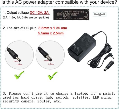 DTECH 12V 2A Power Adapter Supply AC to DC 3.5mm x 1.35mm Plug Wall Charger 4 Feet Extra Long Cord (Input 100V - 240V, Output 12 Volt 2 Amp) in Saudi Arabia