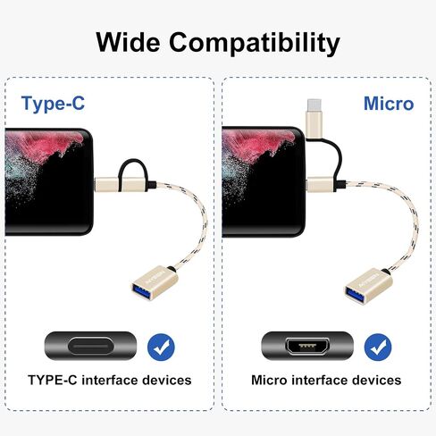 محول AIYEEN 2 في 1 USB C/Micro إلى USB، USB C إلى USB 3.0، كابل محول USB إلى Android OTG متوافق مع MacBook Pro Android Google Samsung والمزيد، أسود in Kuwait