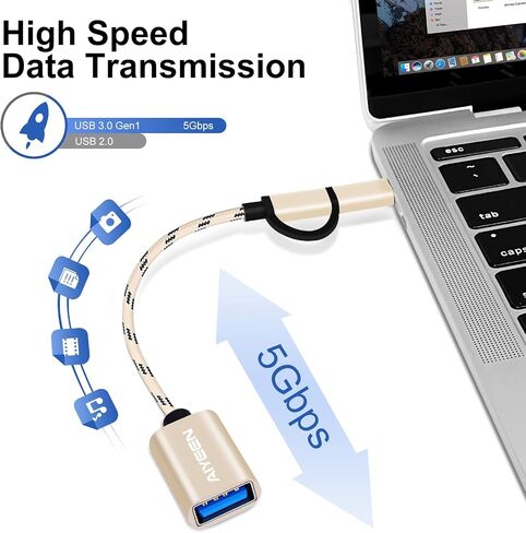 محول AIYEEN 2 في 1 USB C/Micro إلى USB، USB C إلى USB 3.0، كابل محول USB إلى Android OTG متوافق مع MacBook Pro Android Google Samsung والمزيد، أسود in Kuwait