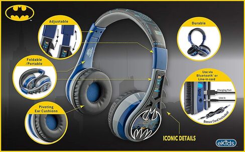 Batman Kids Bluetooth Headphones, Wireless Headphones with Microphone Includes Aux Cord, Volume Reduced Kids Foldable Headphones for School, Home, or Travel in Kuwait