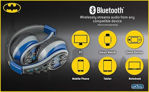 Batman Kids Bluetooth Headphones, Wireless Headphones with Microphone Includes Aux Cord, Volume Reduced Kids Foldable Headphones for School, Home, or Travel in Kuwait