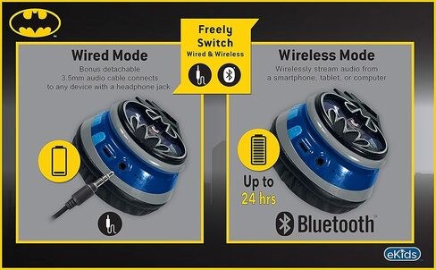 Batman Kids Bluetooth Headphones, Wireless Headphones with Microphone Includes Aux Cord, Volume Reduced Kids Foldable Headphones for School, Home, or Travel in Kuwait