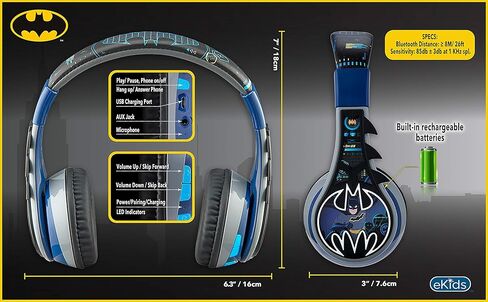 Batman Kids Bluetooth Headphones, Wireless Headphones with Microphone Includes Aux Cord, Volume Reduced Kids Foldable Headphones for School, Home, or Travel in Kuwait