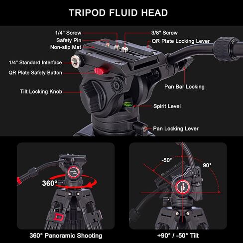 افيلا نظام ثلاثي القوائم للفيديو VH501، حامل ثلاثي القوائم احترافي من الالومنيوم شديد التحمل 72 انش، مع رأس قابل للفصل قابل للفصل وامالة بحد اقصى 13 باوند، لكاميرا كانون ونيكون وسوني واوليمبوس in Kuwait