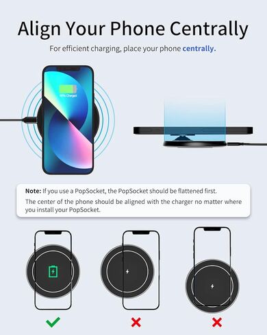 شاحن هاتف لاسلكي KPON لجرابات Popsocket/OtterBox/سميكة تصل إلى 10 مم - محطة شحن هاتف لاسلكية بحد أقصى 15 وات، متوافق مع iPhone 15/14/13/12 (المحول غير متضمن) in Kuwait