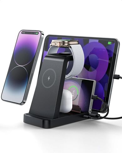 قاعدة شحن Caxdon لأجهزة متعددة، قاعدة شحن لاسلكية لأجهزة iPhone 15/15 Pro Max/14/14 Pro Max وAndroid، iPad Pro/Air/Mini، Apple Watch 9/Ultra 2/Ultra/8/7/8/SE ( G803، أبيض) in Kuwait